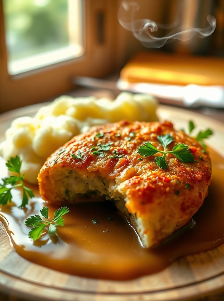Golden-brown Frikadeller, crispy-edged and juicy within, nestled on a rustic wooden board with a drizzle of rich, glossy gravy pooling beneath. Fresh parsley sprigs and a side of buttery mashed potatoes add vibrant green and creamy white contrasts. Soft, warm light streams through a farmhouse window, casting gentle shadows that highlight the dish’s textures—crumbly edges, velvety sauce, and steam curling invitingly above. Shot in a cozy, rustic style with shallow depth of field, focusing on the Frikadeller’s crisp crust and tender interior, evoking the comforting aroma of caramelized onions and savory herbs.
