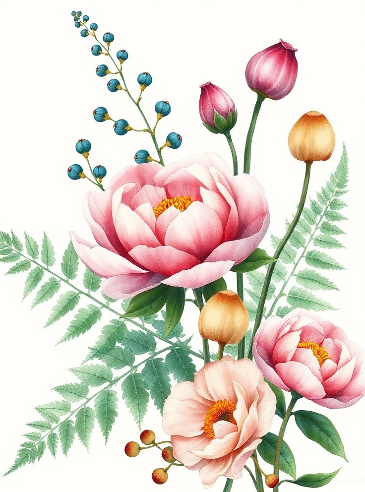 Create a high-quality watercolor botanical illustration featuring Peonies and Ferns The composition should include a selection of flowers, plants, or mushrooms, arranged naturally with delicate details. \r\nThe plants should have soft, organic shapes, and the illustration should focus on natural beauty. Use gentle blending of colors, with shades that harmonize well together. \r\nThe background should be minimal and clean to allow the subject to stand out.\r\n The watercolor technique should showcase soft gradients, subtle shading, and a slight texture to capture an organic, nature-inspired aesthetic. \r\nThe style should be detailed, elegant, and suitable for wall art or decorations.