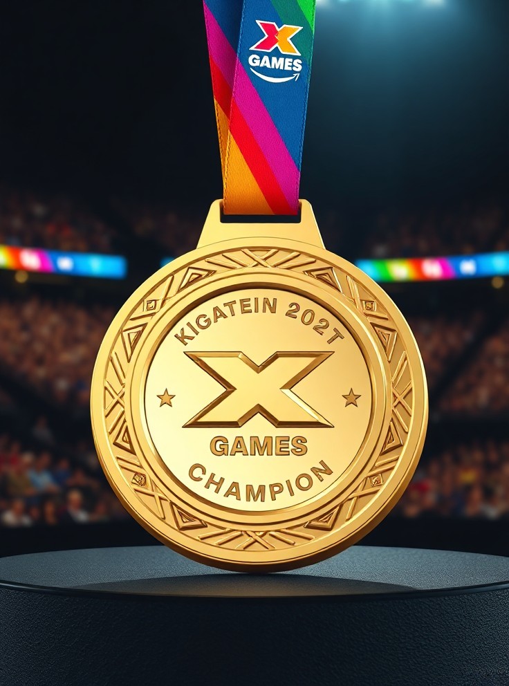 Generate a high-resolution image of an X Games medal featuring a sleek, circular design with a slightly beveled edge, crafted from polished gold with silver and bronze accents. The medal hangs from a vibrant, gradient ribbon in bold colors like electric blue, fiery red, and neon green, with the X Games logo embroidered at the top. The front is embossed with dynamic action motifs—like a skateboard, snowboard, or BMX bike—surrounded by intricate geometric patterns. The back displays engraved text: 'X Games Champion' in a modern, angular font. Use a metallic sheen for realism, with soft studio lighting casting subtle reflections. Place the medal at a slight angle on a dark, textured podium with a blurred arena crowd in the background, evoking an energetic sports atmosphere.