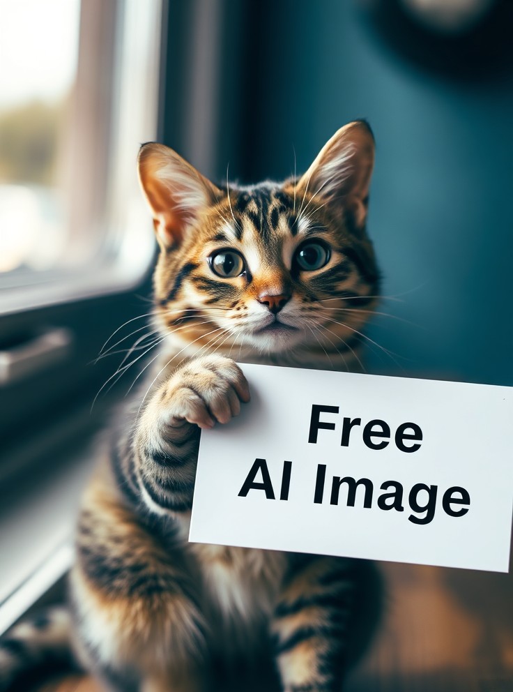 A cat holding a sign that says 'Free AI Image'