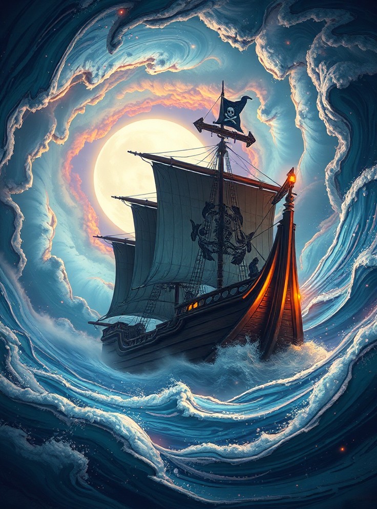 Pirate ship trapped in a cosmic maelstrom nebula, rendered in cosmic beach whirlpool engine, volumetric lighting, spectacular, ambient lights, light pollution, cinematic atmosphere, art nouveau style, illustration art artwork by SenseiJaye, intricate detail.