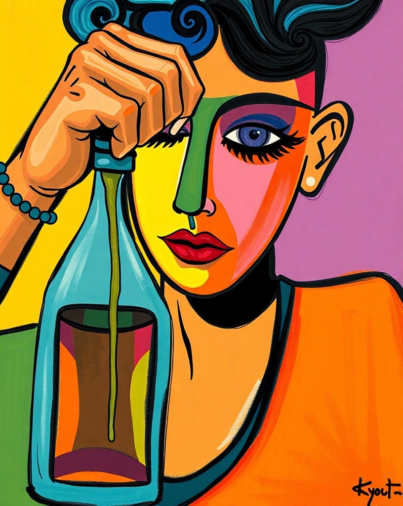 Illustrate bottle pouring in the colorful, abstract expressionist style of Alexej von Jawlensky.\r\nUse bold brushstrokes, saturated color fields, and stylized facial features.\r\nEmphasize inner emotional or spiritual states rather than realistic likeness.\r\nFinal look: vibrant, symbolic, and spiritually expressive.