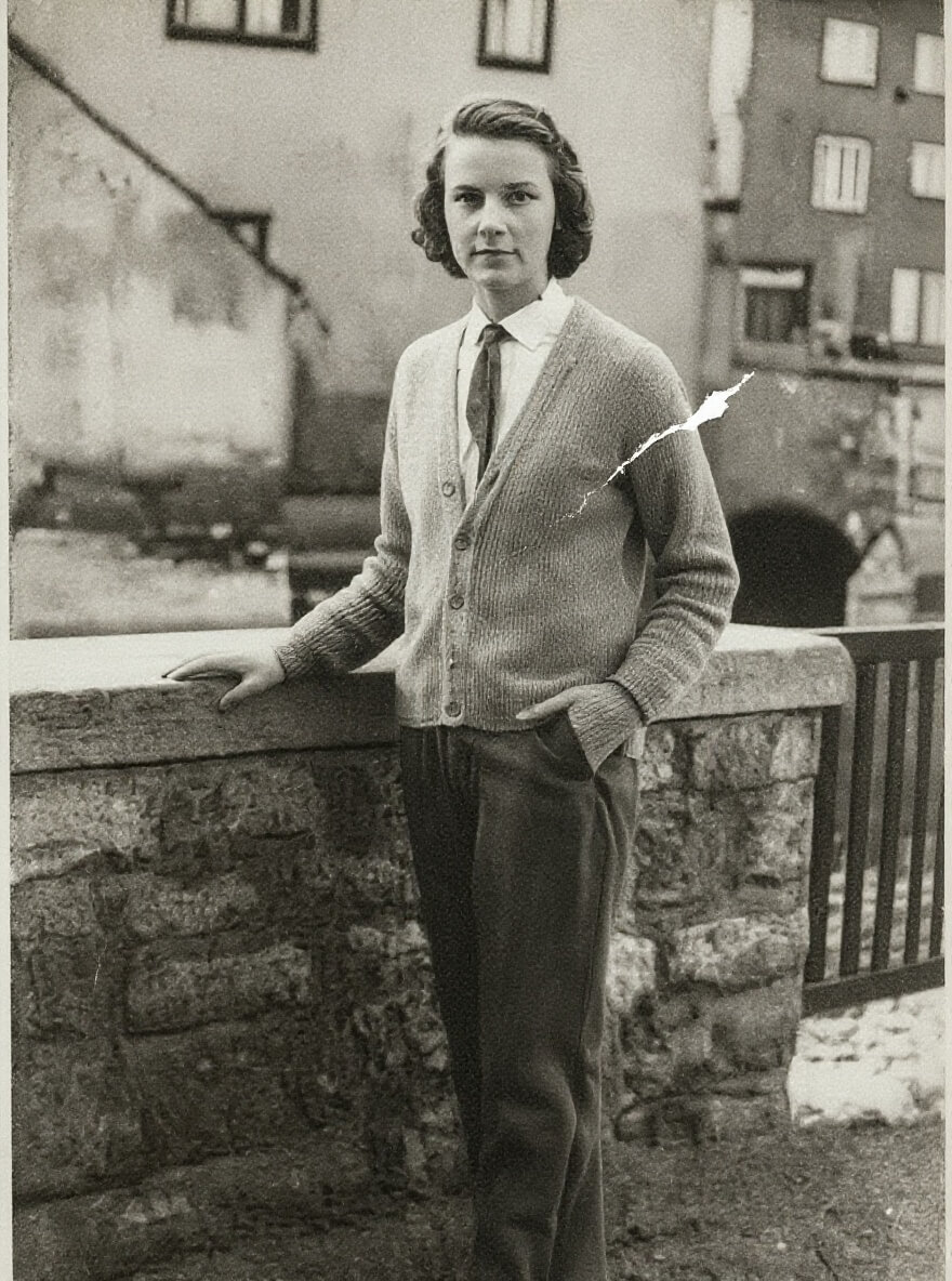 Before - Restore and colorize this image. Remove any scratches or imperfections. Change to modern photo style, vibrant colors.