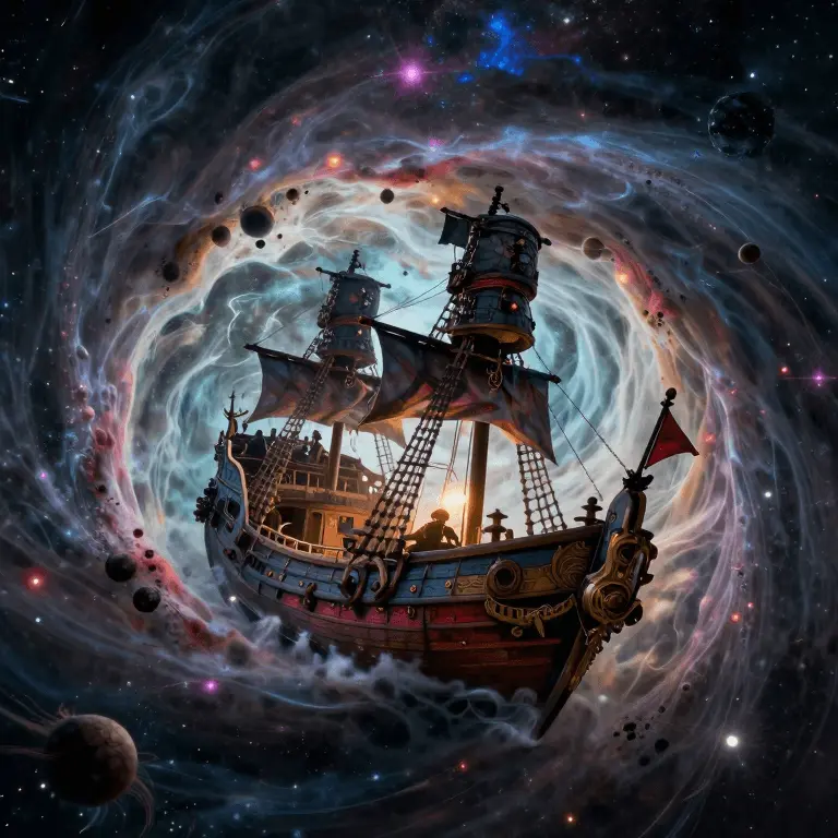 AI generated image: Pirate ship trapped in a cosmic maelstrom nebula, ...