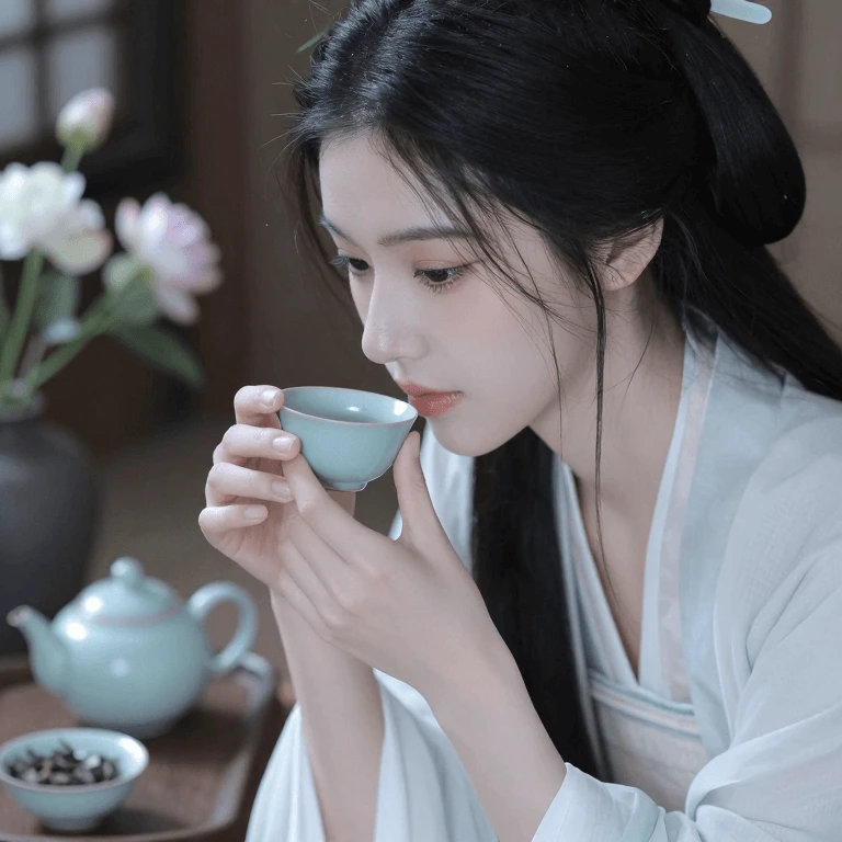 AI generated image: 古风美人，面容精致美丽，手拿汝瓷杯，优雅喝茶，茶席上有茶壶茶杯茶叶插花，精致的茶席布置，环境优美，丰...